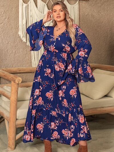 Boho Plus Size Printed Half Button Flare Sleeve Dress [Spirit and Rebel] Navy 0XL 