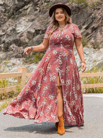 Plus Size Floral Slit Ruffle Hem Bohemian Dress [Spirit and Rebel] Burnt Coral 0XL 