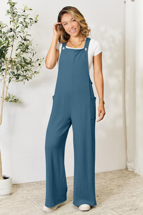 Boho Chic  Double Take Full Size Wide Strap Overall with Pockets [Spirit and Rebel] French Blue S 