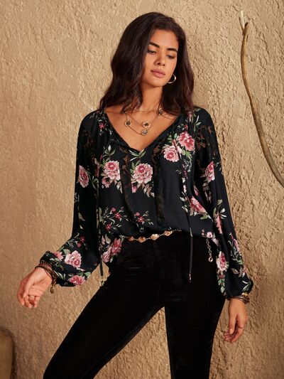 Flower Printed Tie Neck Long Sleeve Blouse [Spirit and Rebel]   