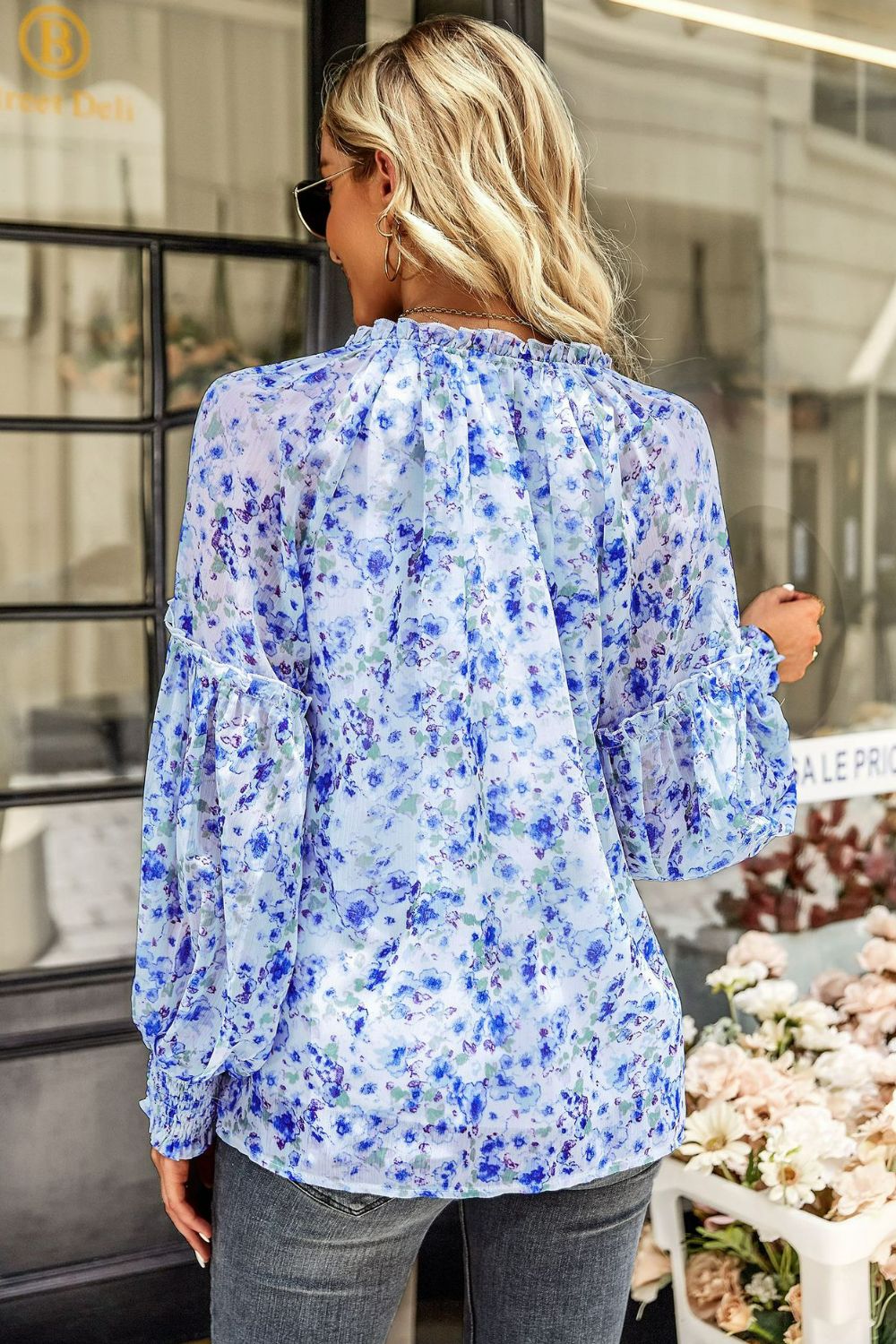 Floral Tie Neck Lantern Sleeve Boho Blouse [Spirit and Rebel]   