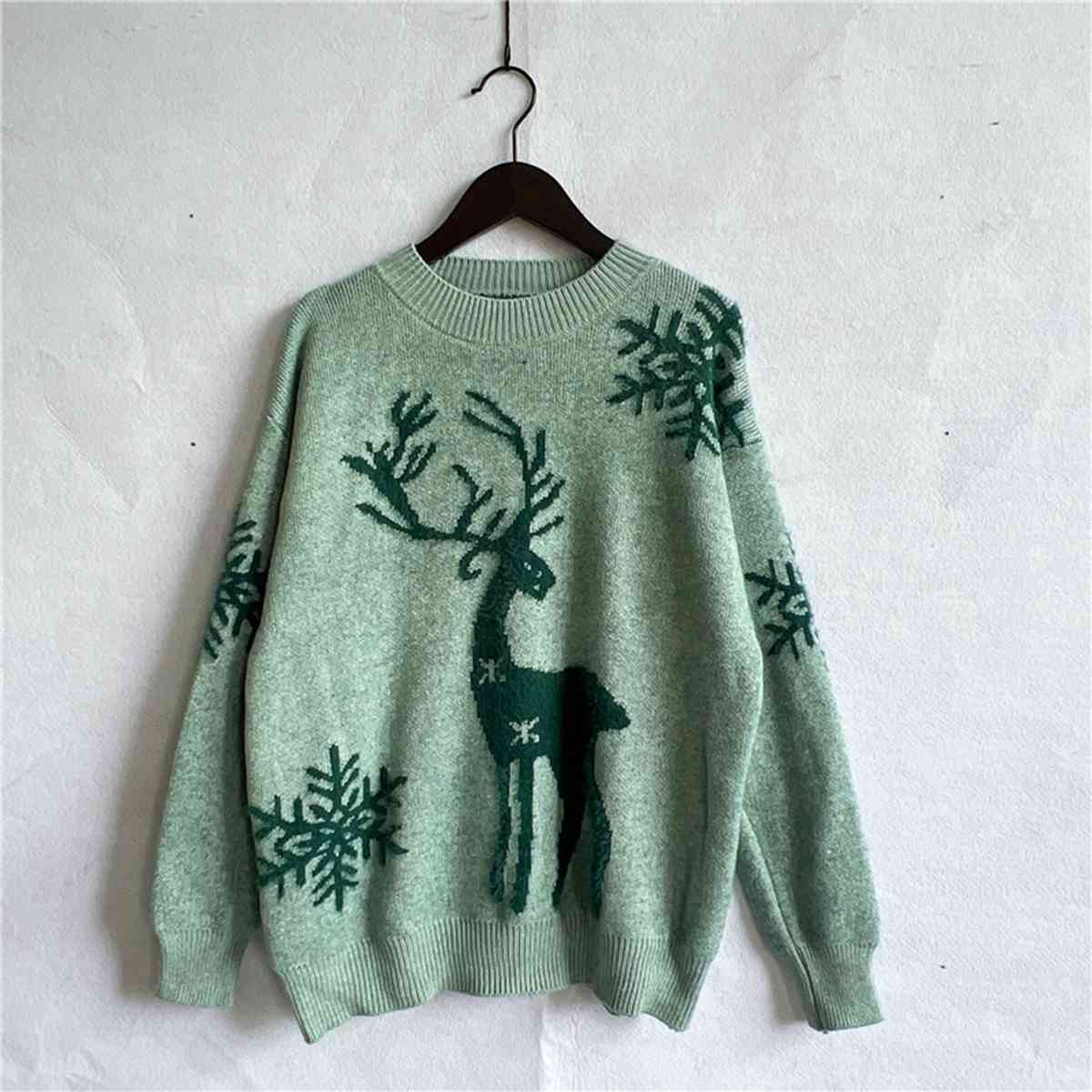 Reindeer and Snowflake Pattern Sweater [Spirit and Rebel] Gum Leaf S 