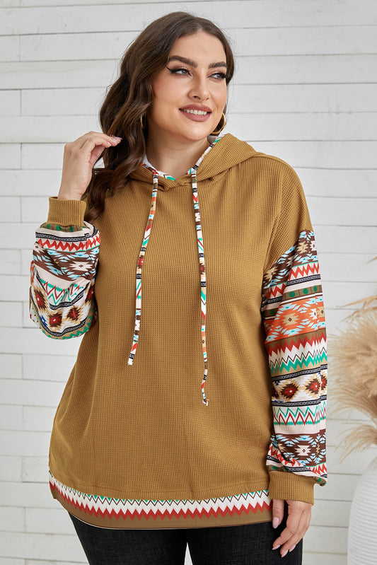 Boho Plus Size Printed Side Slit Waffle-Knit Hoodie [Spirit and Rebel] Brown 1X 