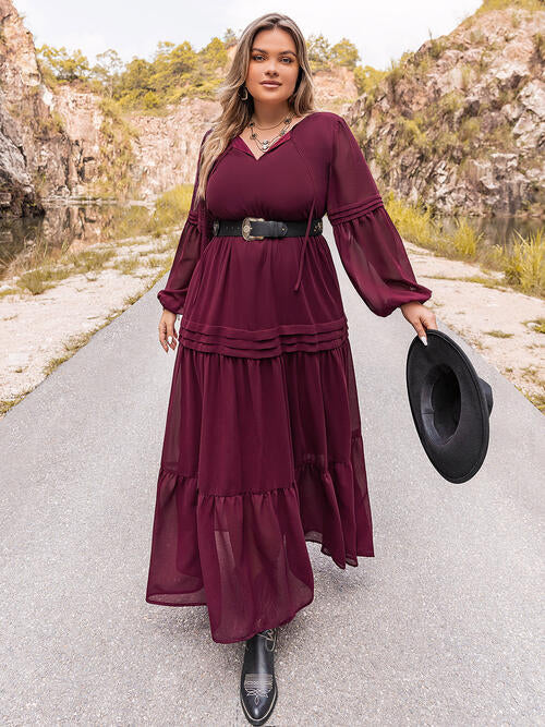 Plus Size Tie Neck Ballon Sleeve Tiered Dress [Spirit and Rebel]   