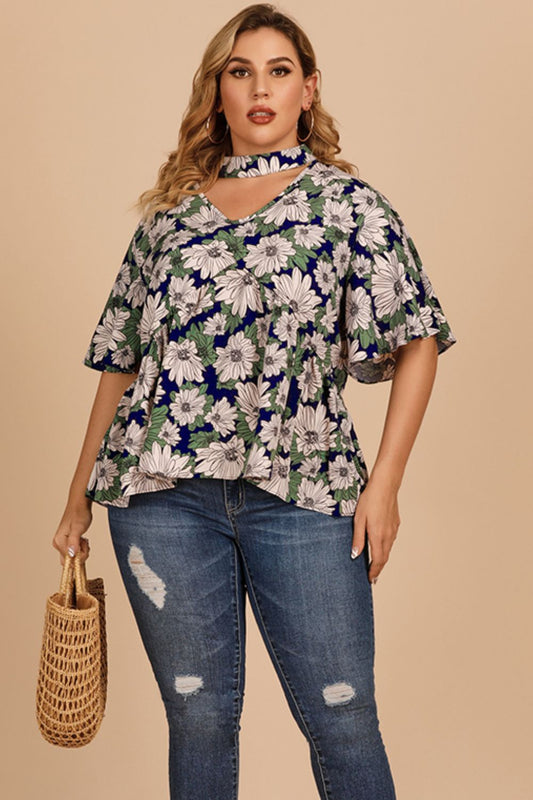 Plus Size Floral Flutter Sleeve Cutout Boho Blouse [Spirit and Rebel] Navy XL 