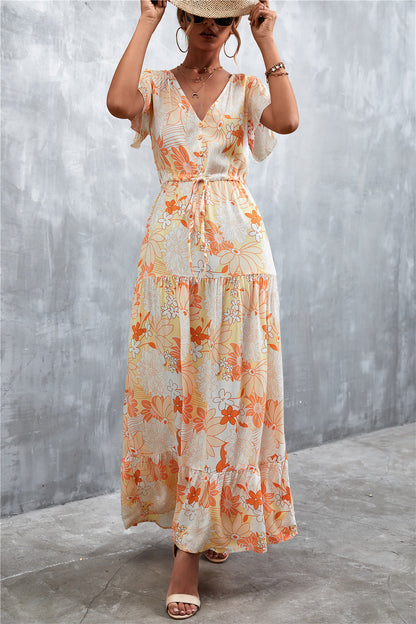 Floral Buttoned Drawstring Waist Tiered Boho Dress [Spirit and Rebel]   