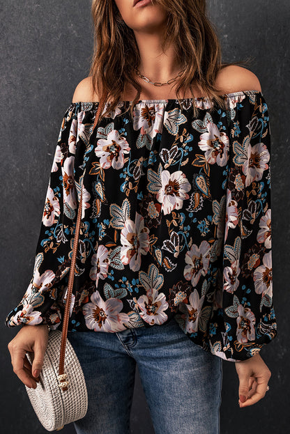 Floral Off-Shoulder Balloon Sleeve Hippie Clothes Blouse [Spirit and Rebel]   