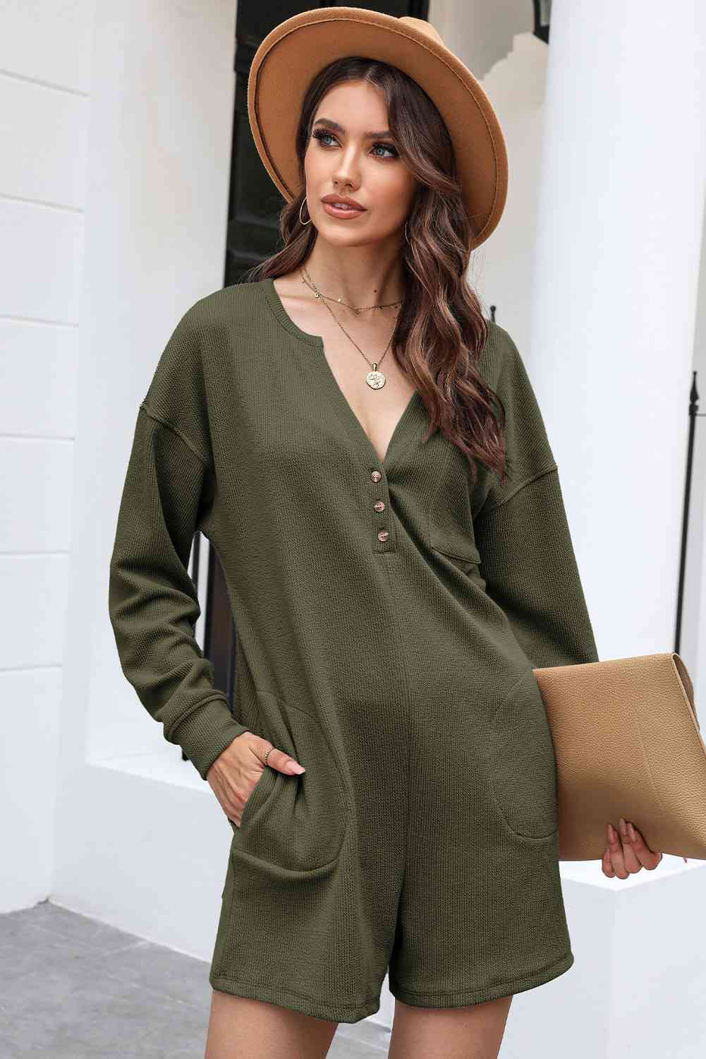 Notched Neck Long Sleeve Romper [Spirit and Rebel] Army Green S 