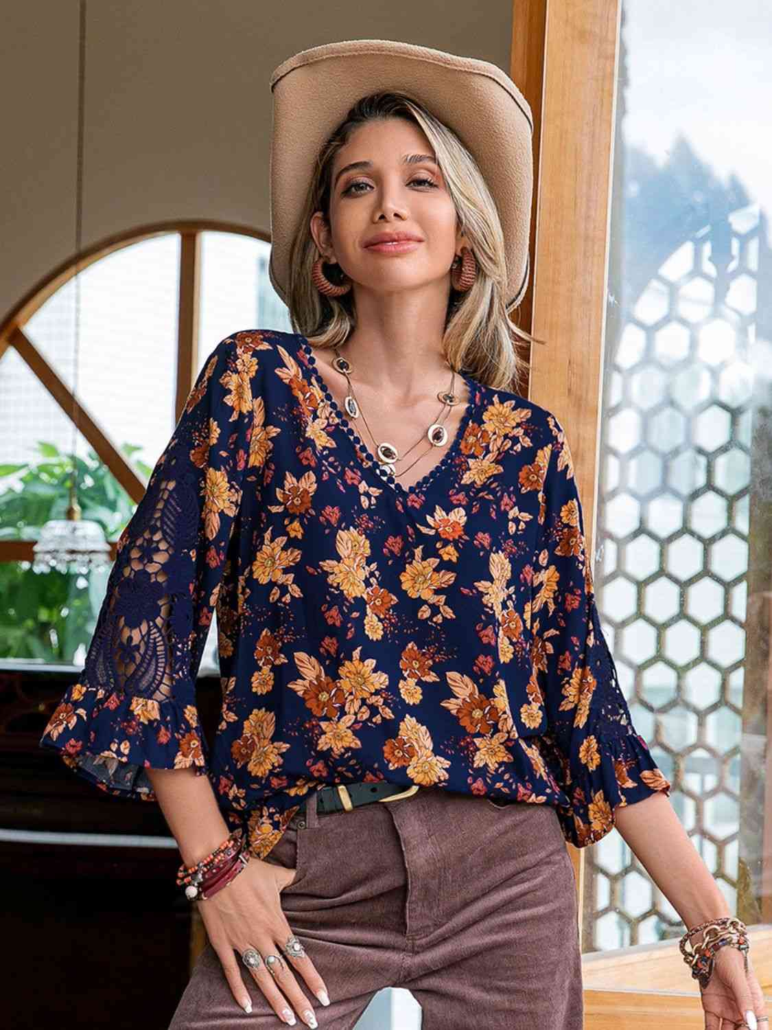 Floral V-Neck Crochet Blouse [Spirit and Rebel]   