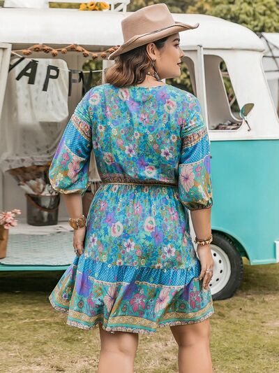 Boho Plus Size Printed Tie Neck Mini Dress [Spirit and Rebel]   