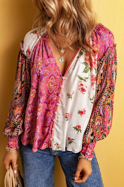 Plus Size Frill Printed V-Neck Long Sleeve Blouse [Spirit and Rebel]   