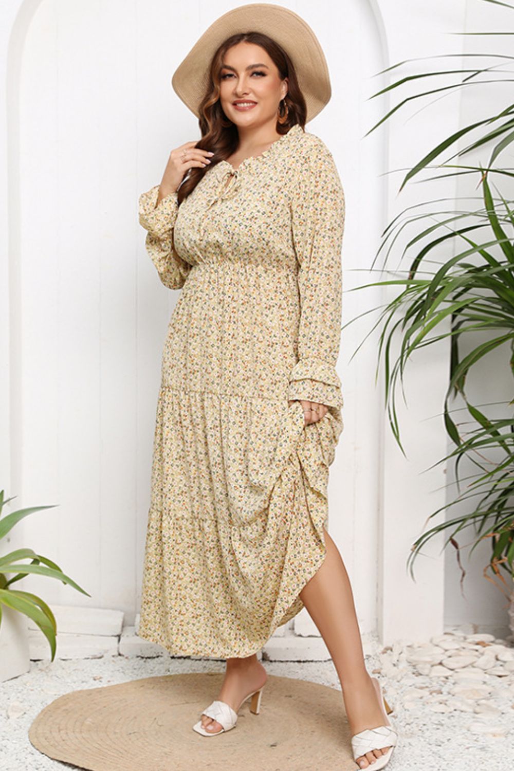 Plus Size Tied Frill Trim Flounce Sleeve Boho Maxi Dress [Spirit and Rebel]   