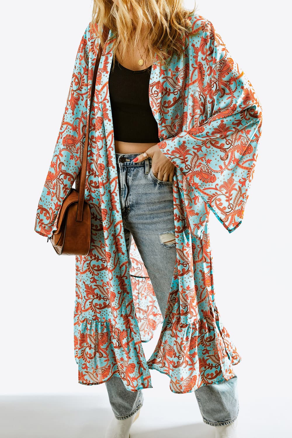 Printed Open Front Duster Boho Cardigan [Spirit and Rebel] Mint Blue One Size 