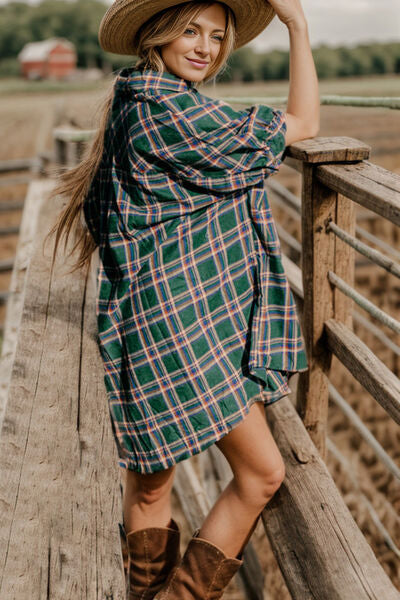 Boho Plaid Button Up Collared Neck Shirt Dress [Spirit and Rebel]   