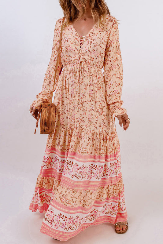 Bohemian Lace-Up Long Sleeve Maxi Dress [Spirit and Rebel]   