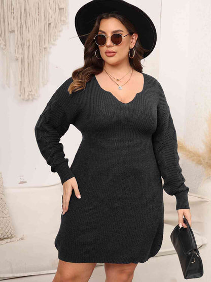 Plus Size Dropped Shoulder Long Sleeve Knit Mini Dress [Spirit and Rebel] Black 1XL 