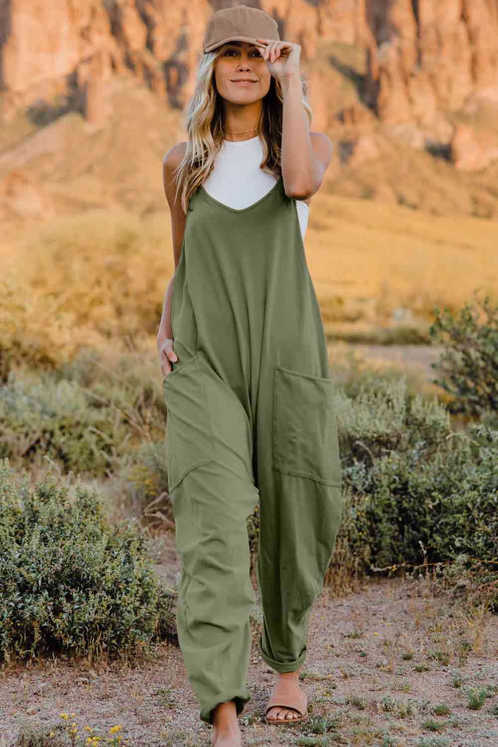 Double Take  V-Neck Sleeveless Jumpsuit with Pocket [Spirit and Rebel] Army Green S 