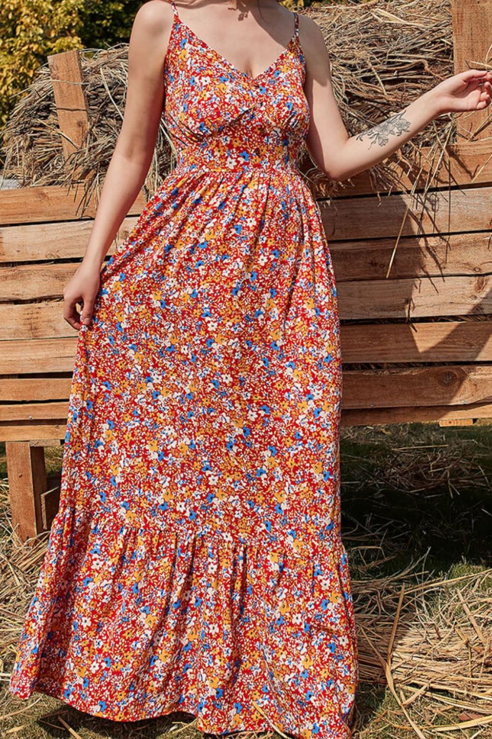 Ditsy Floral Spaghetti Strap Boho Maxi Dress [Spirit and Rebel] Brick Red M 