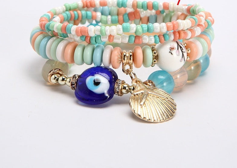 Boho Mystical Eye Bracelet Set [Spirit and Rebel] Mint/Peach/White  