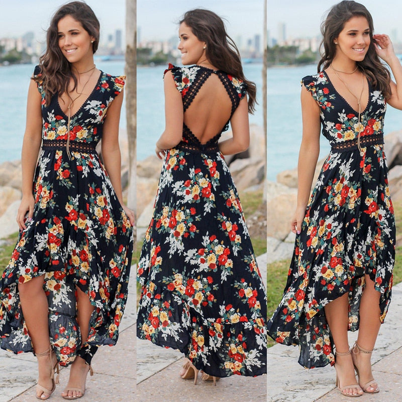 Bohemian Blossom Floral Open Back Boho Maxi Dress [Spirit and Rebel]   