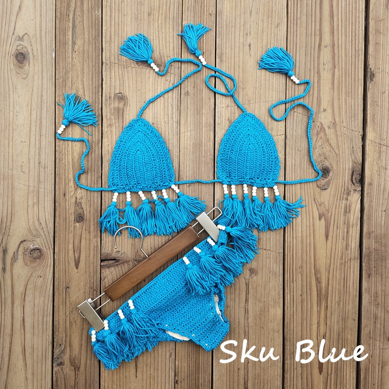 Radiant Waves Handmade Crochet Boho Bikini Set [Spirit and Rebel] Sky Blue S 