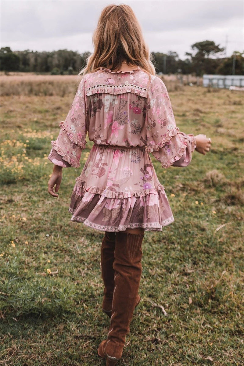 Floral Whimsy Ruffles Boho Mini Dress [Spirit and Rebel]   