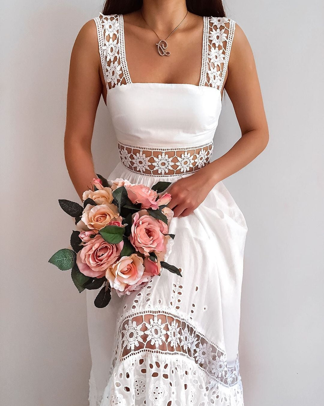 Elegant Flower Embroidered White Boho Dress [Spirit and Rebel]   