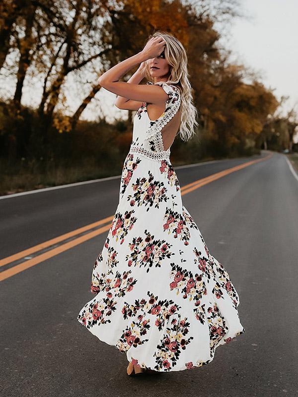 Bohemian Blossom Floral Open Back Boho Maxi Dress [Spirit and Rebel]   