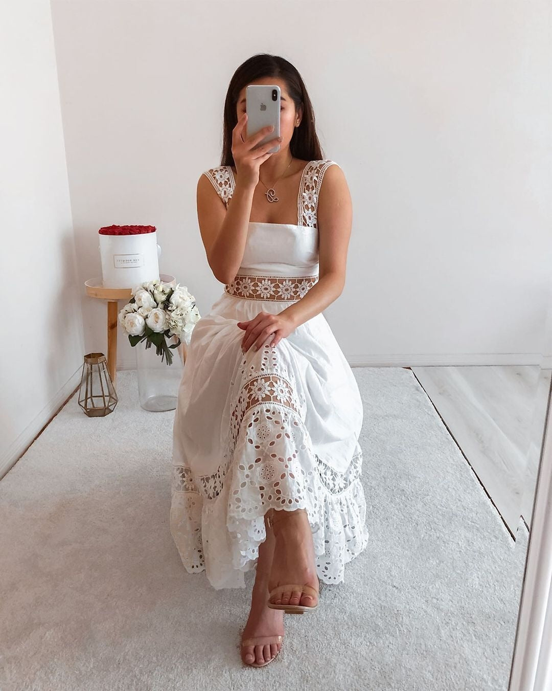 Elegant Flower Embroidered White Boho Dress [Spirit and Rebel]   