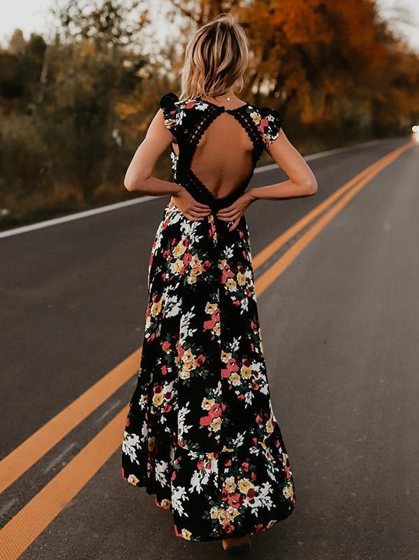 Bohemian Blossom Floral Open Back Boho Maxi Dress [Spirit and Rebel]   