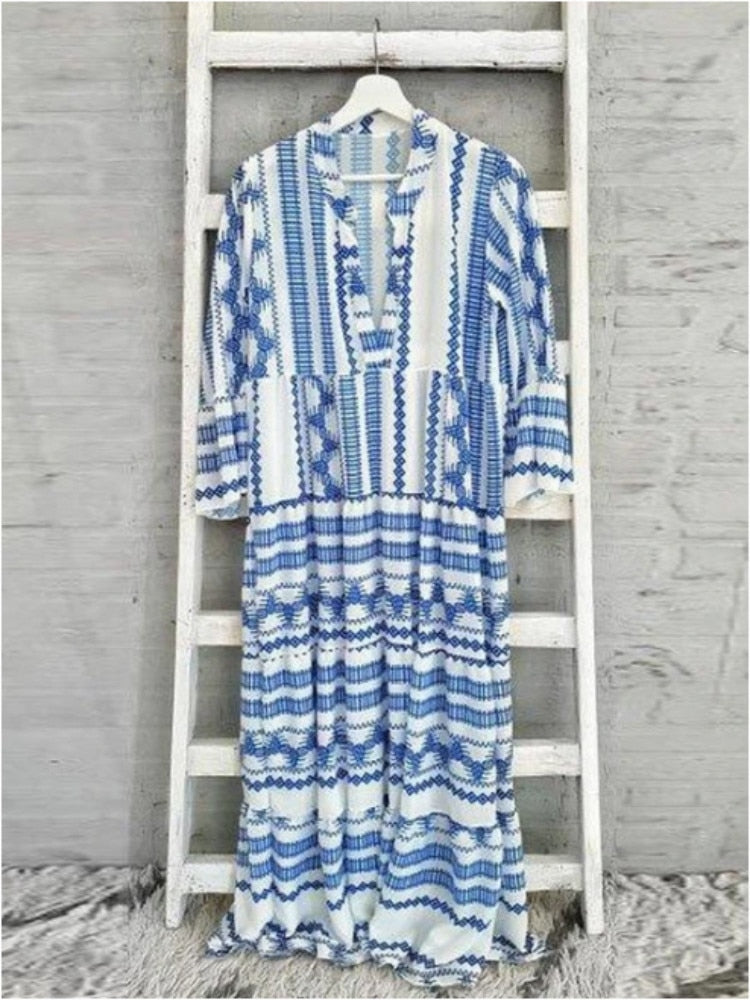 Blue White Bohemian Print Maxi Dress [Spirit and Rebel]   