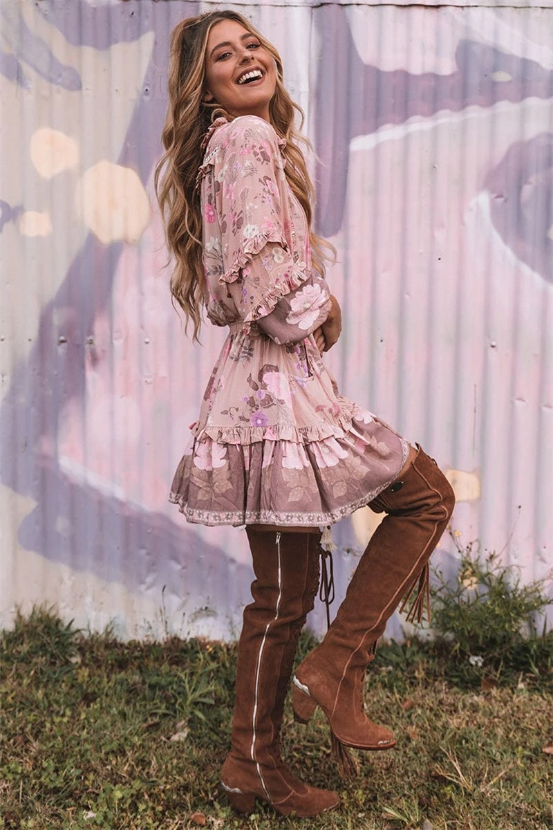 Floral Whimsy Ruffles Boho Mini Dress [Spirit and Rebel]   