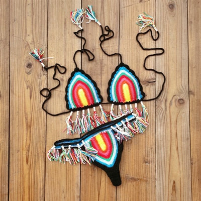 Radiant Waves Handmade Crochet Boho Bikini Set [Spirit and Rebel] Black/Multi S 