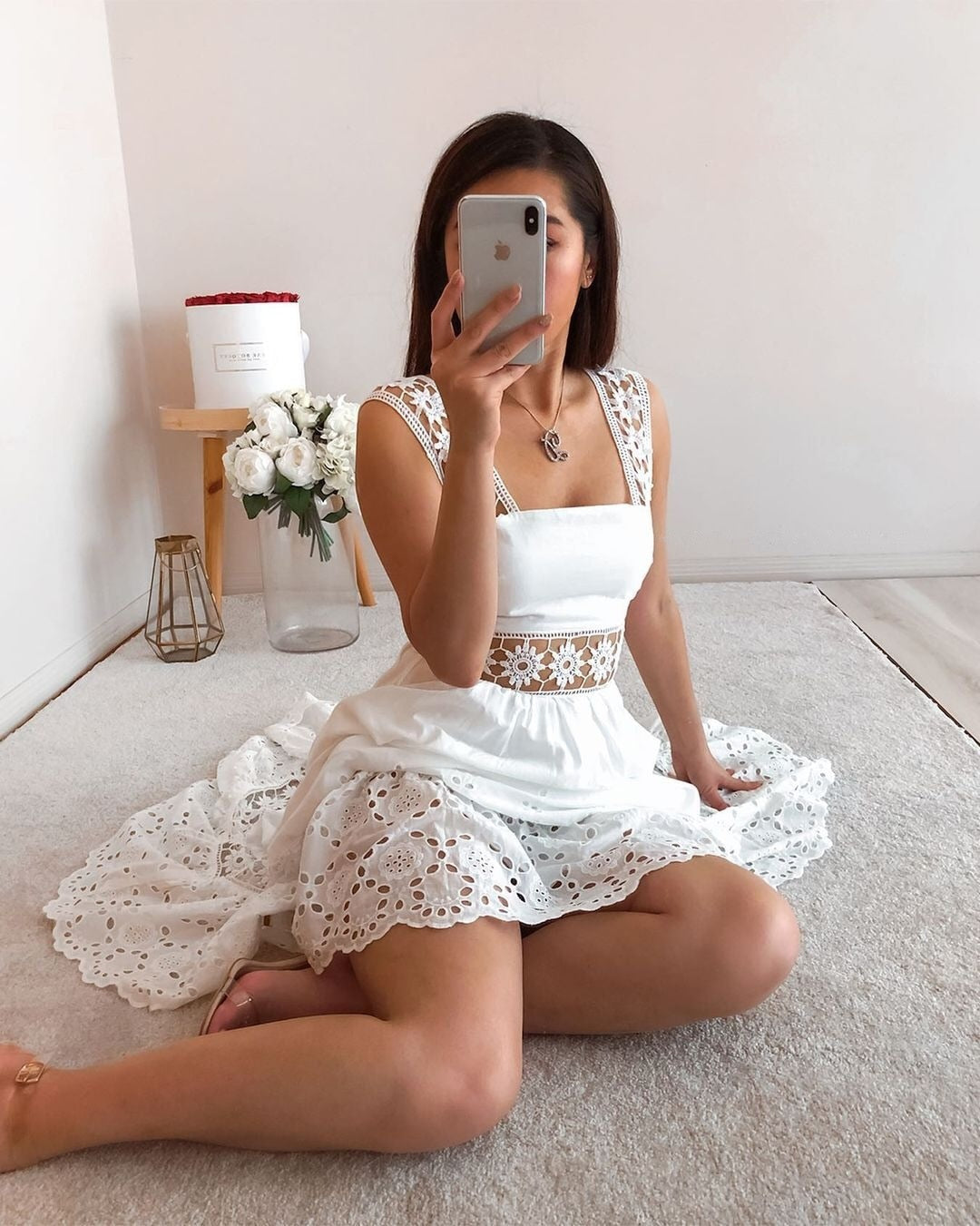 Elegant Flower Embroidered White Boho Dress [Spirit and Rebel]   