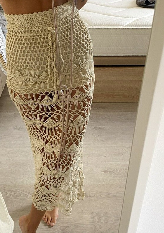 Boho Beach Crochet Midi Skirt [Spirit and Rebel] Beige One Size 