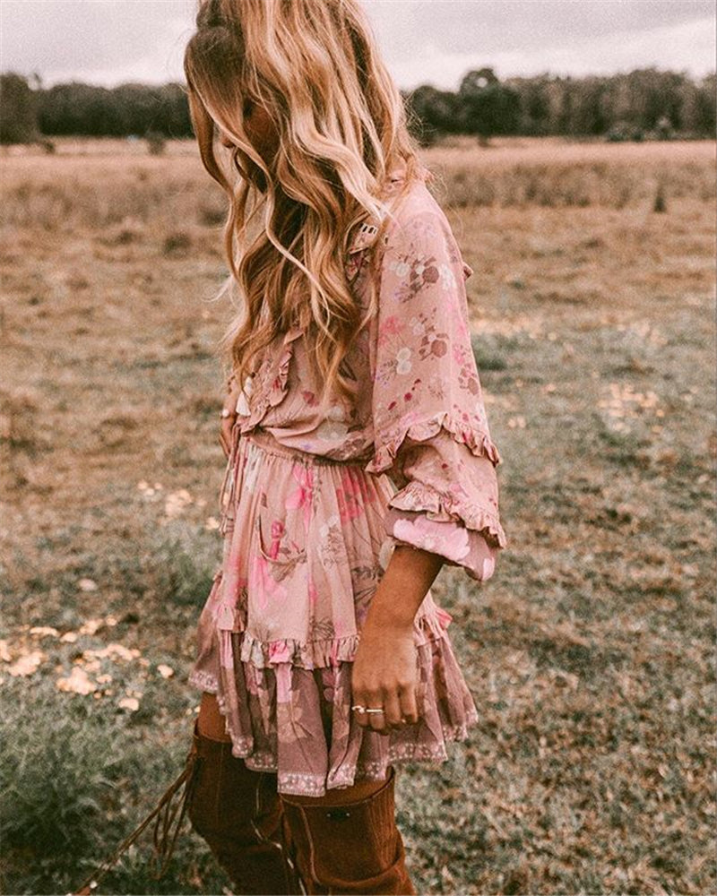 Floral Whimsy Ruffles Boho Mini Dress [Spirit and Rebel]   