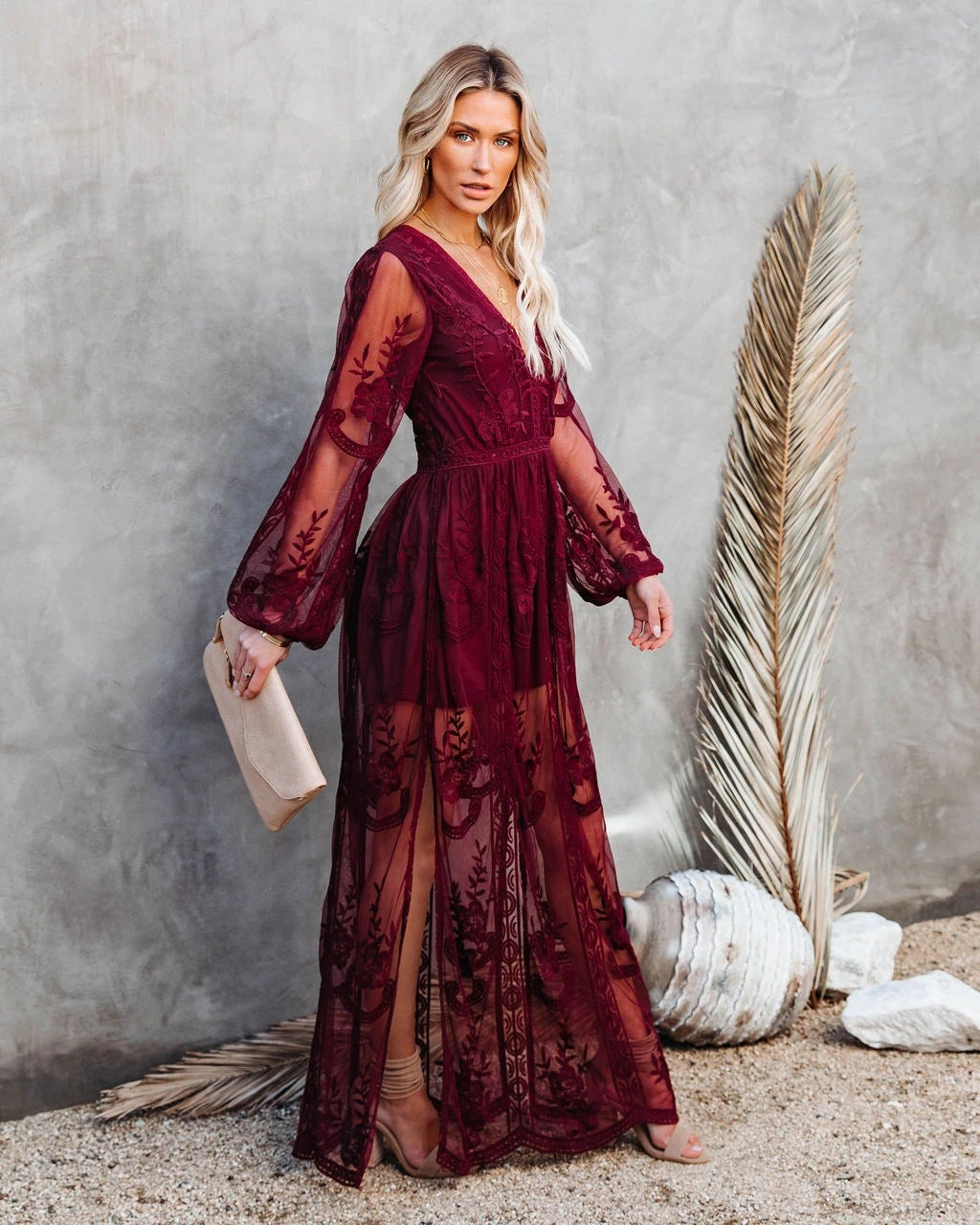 Red lace boho dress sales