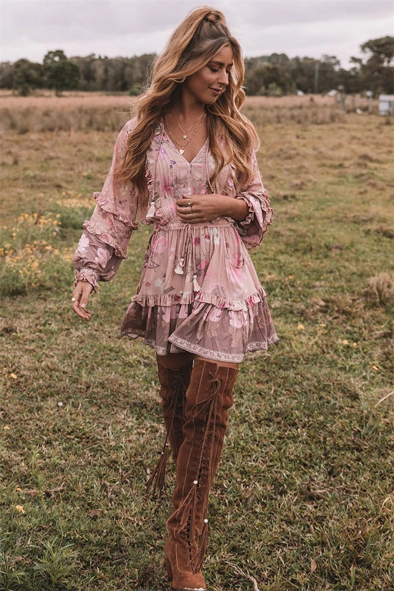 Floral Whimsy Ruffles Boho Mini Dress [Spirit and Rebel]   