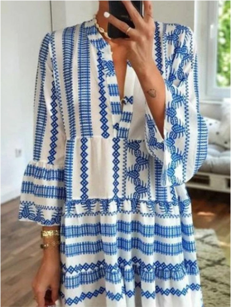 Blue White Bohemian Print Maxi Dress [Spirit and Rebel]   