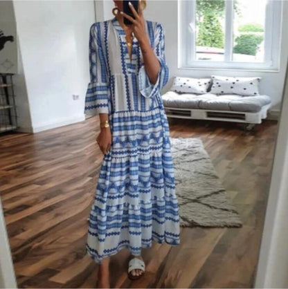 Blue White Bohemian Print Maxi Dress [Spirit and Rebel]   