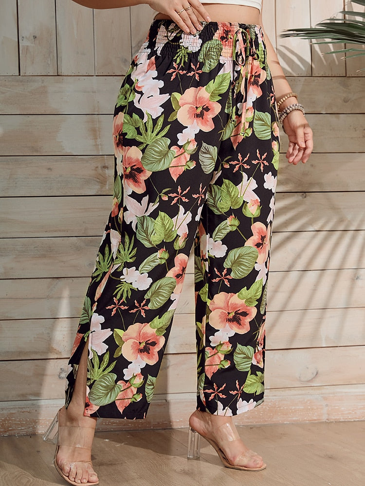 Floral Boho Plus Size Pants [Spirit and Rebel] Green L 