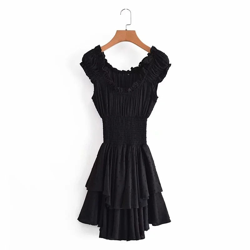 Boho Ruffle Off Shoulder Mini Dress [Spirit and Rebel] Black S 