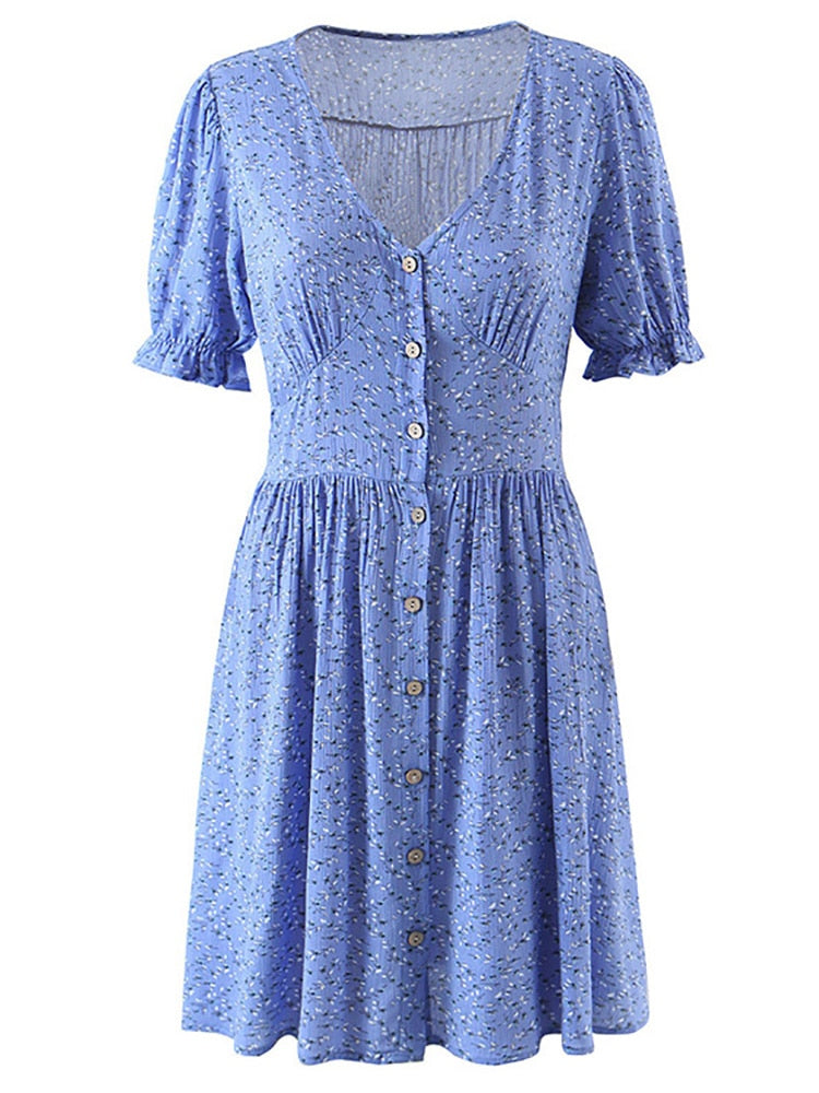 French Floral Mini Boho Dress [Spirit and Rebel] Blue S 