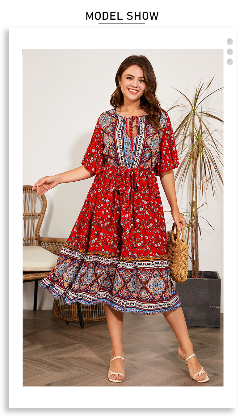 Free Flow Red Plus Size Boho Midi Dress [Spirit and Rebel]   