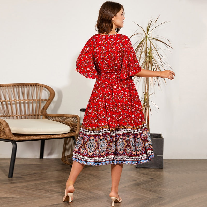 Free Flow Red Plus Size Boho Midi Dress [Spirit and Rebel]   