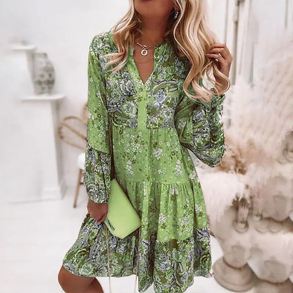 Spirit and Rebel Boho Ruffle Long Sleeve Loose Dress [Spirit and Rebel] Green S 