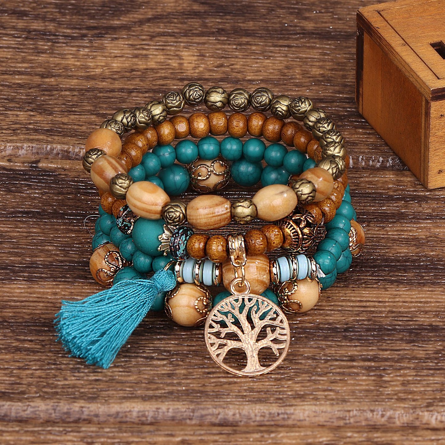 Tree Of Life Boho Beaded Charm Bracelet Set [Spirit and Rebel] Mint  