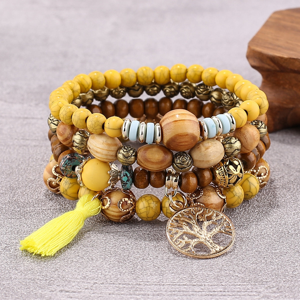 Tree Of Life Boho Beaded Charm Bracelet Set [Spirit and Rebel] Yellow  