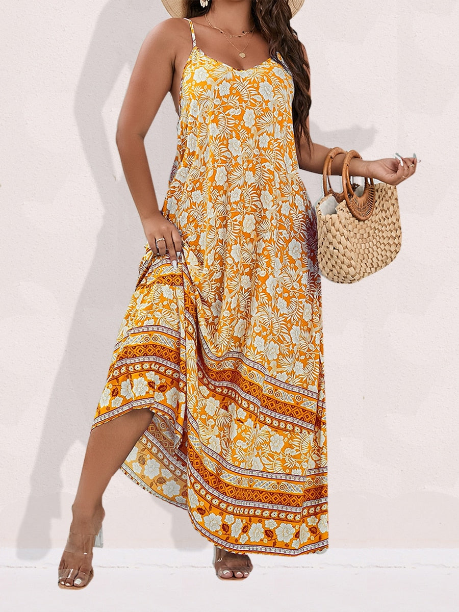 Spirit and Rebel Plus Size Floral Print Boho Maxi Dress [Spirit and Rebel] Yellow L 