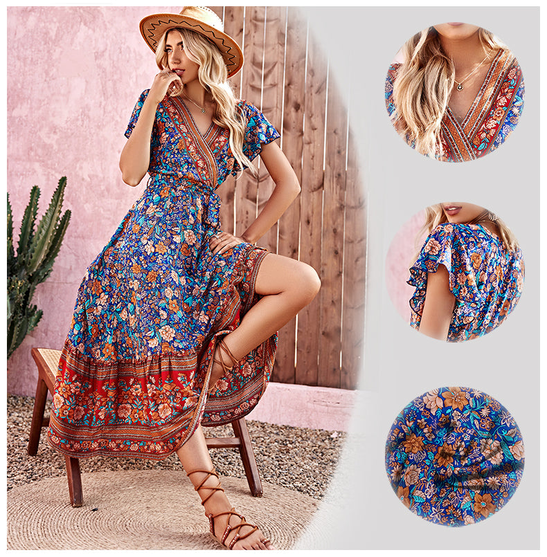 Meadow Dreamer Floral Print Boho Plunge Maxi Dress [Spirit and Rebel]   